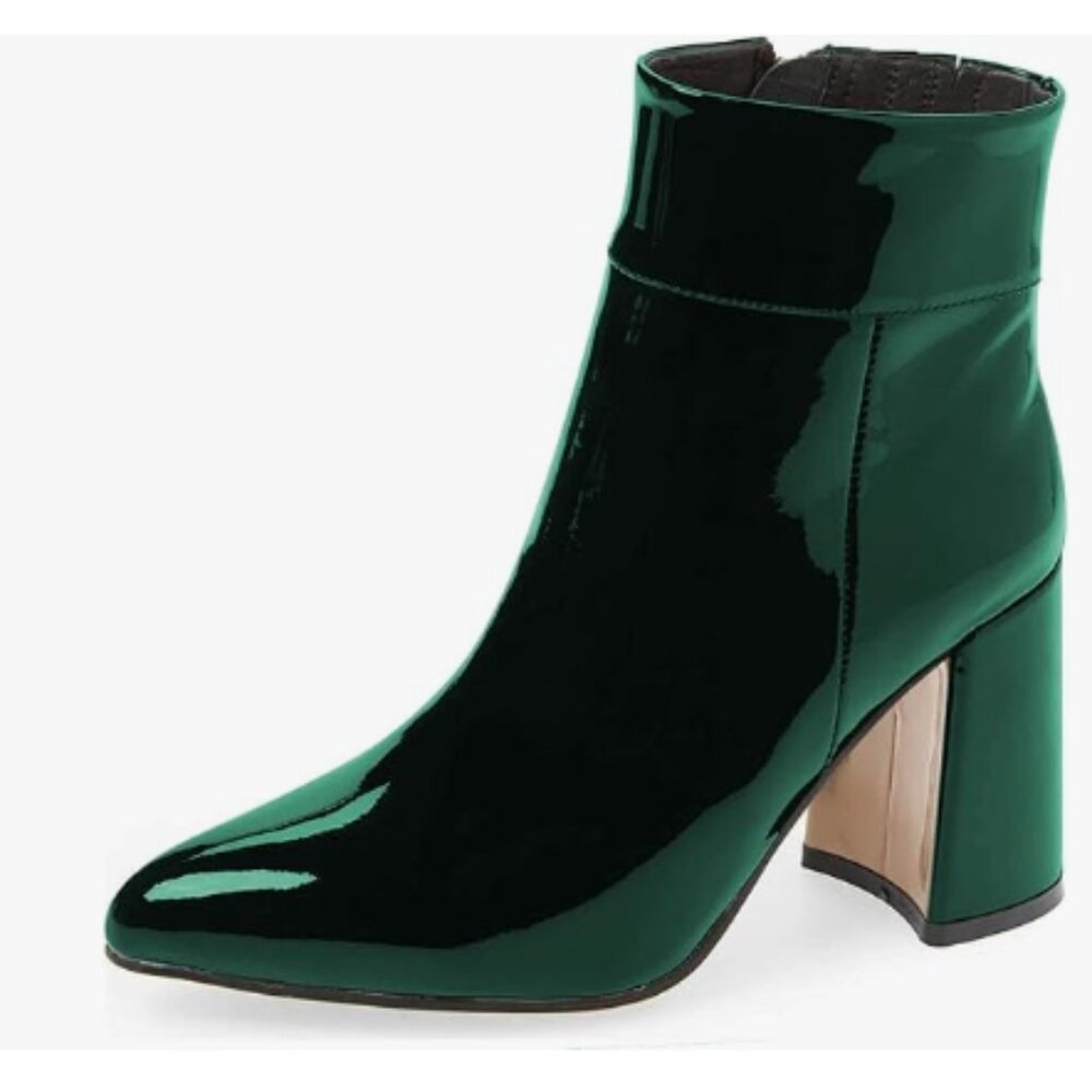 FSJ Green Pointed Toe Block Heel Ankle Boots Glossy Patent Leather Party Booties